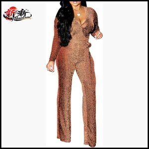 V Neck Sparkly Jumpsuit Long Sleeve Loose Pants Party Clubwear with Belt